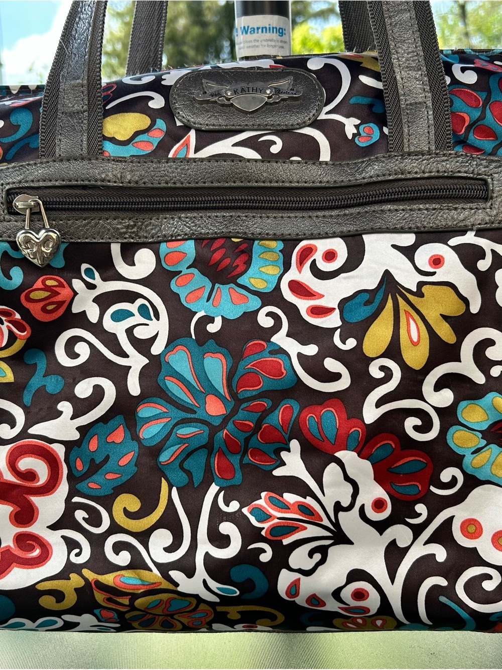 Kathy Van Zeeland Black Floral Tote with Teal, Red & Yellow Accents